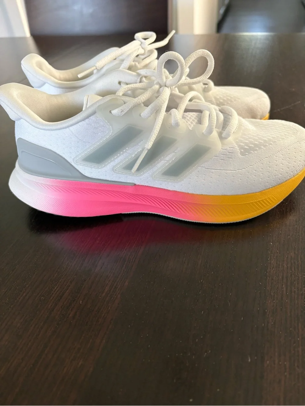 NEW Adidas Women’s Size 5 Running Sneakers White with Rainbow Bottoms Never Worn